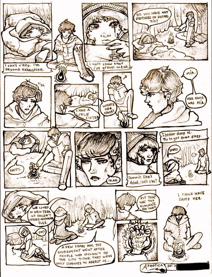 Hand-drawn sepia comic page from Aphotica, two travelers talking by a campfire