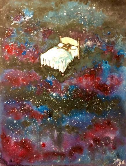 Watercolor of a small bed adrift in a star-filled nebula of blues, purples, and reds