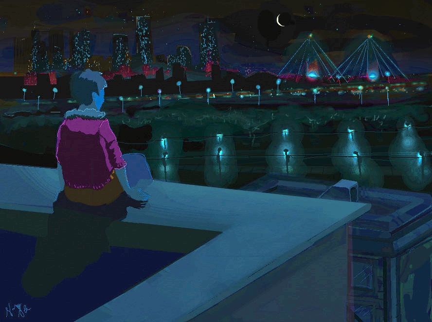 Digital painting of a figure sitting on a rooftop at night overlooking a glowing city skyline and lit bridges