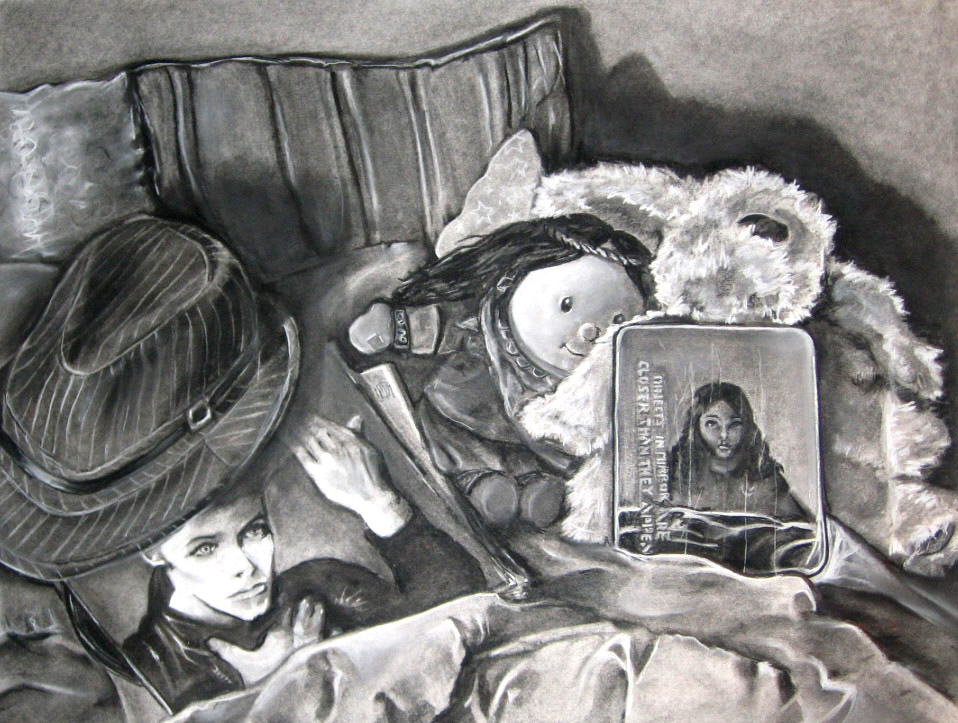 Charcoal still life of a bed with a fedora, a doll, a stuffed bear, and a mirror reading objects in mirror are closer than they appear