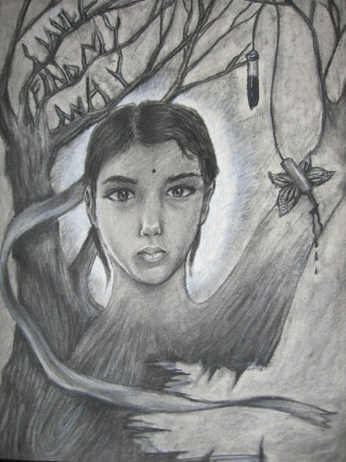 Charcoal drawing of a face framed by tree branches, the words 'I will find my way' carved into the bark above