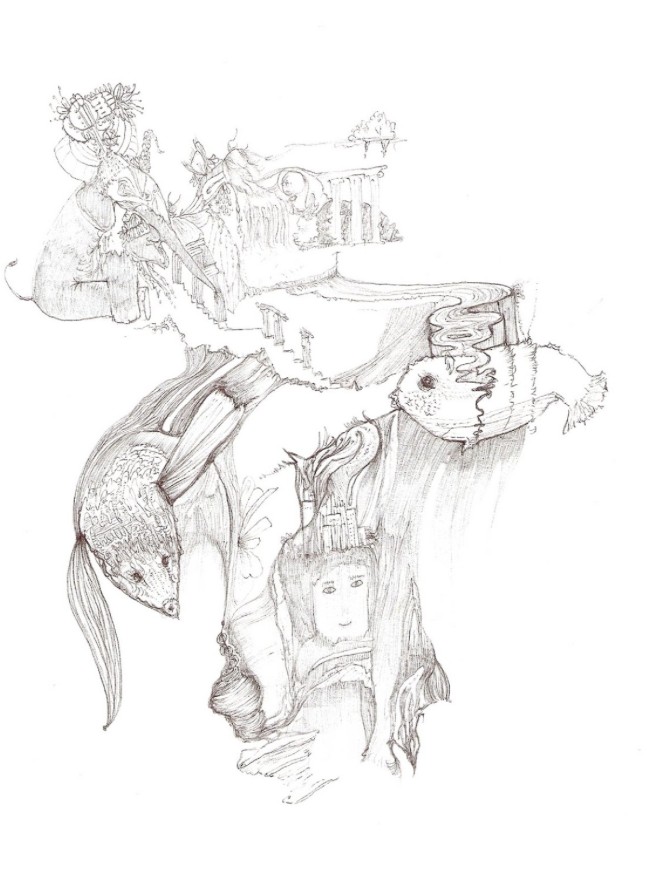Intricate pen drawing from 2011 of animals, stairways, and a face woven into a flowing landscape
