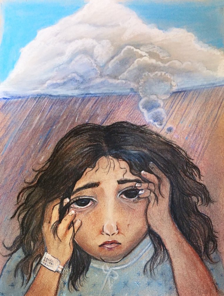 Pastel drawing of a girl in a hospital bracelet holding her head as a storm cloud rains down behind her