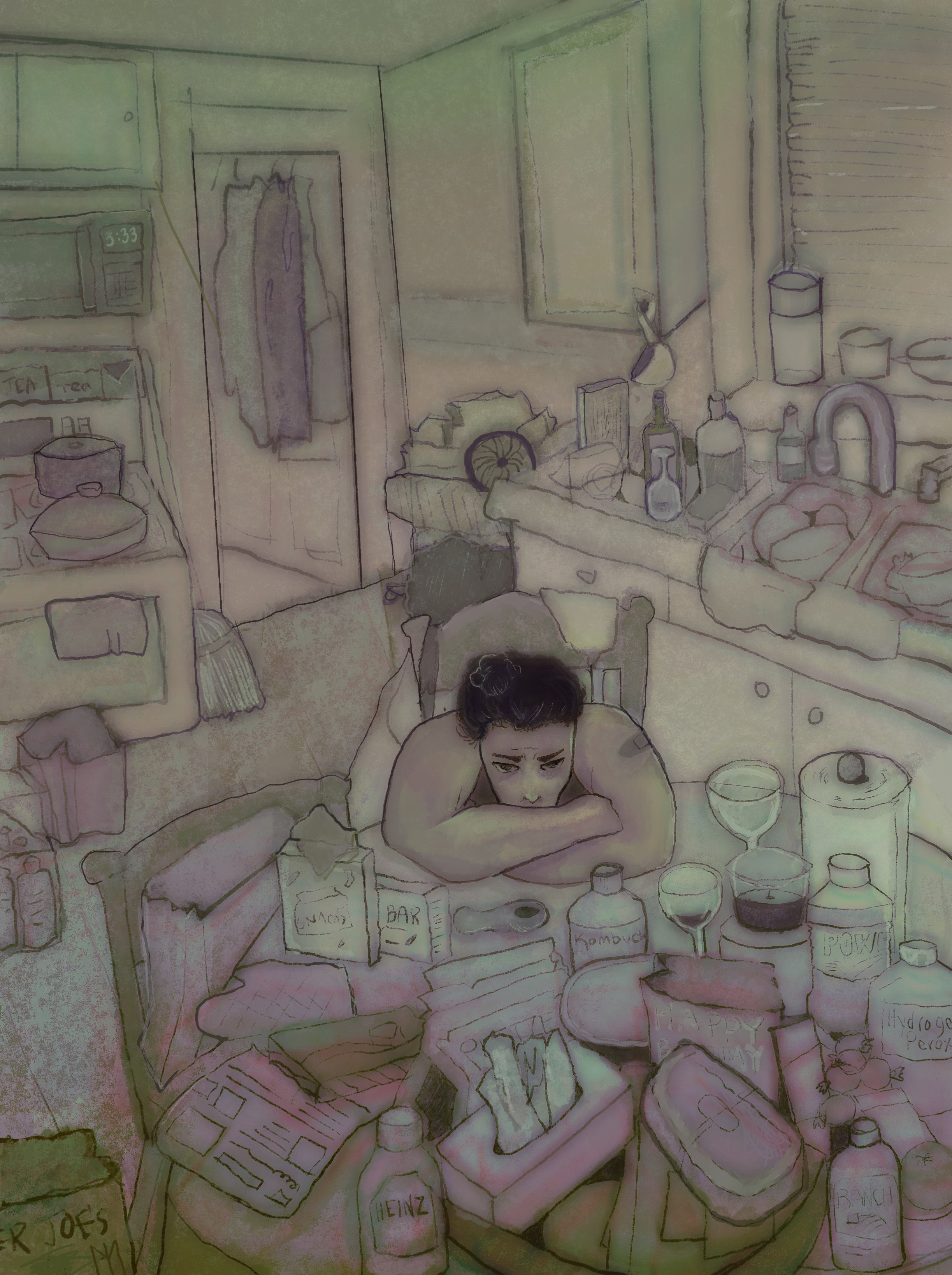 Muted digital drawing of a figure resting their head on crossed arms in a cluttered room, clock reading 3:33